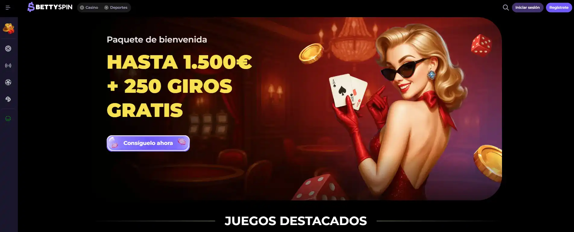 Captura real de la página española de Bettyspin con navegación y juegos destacados